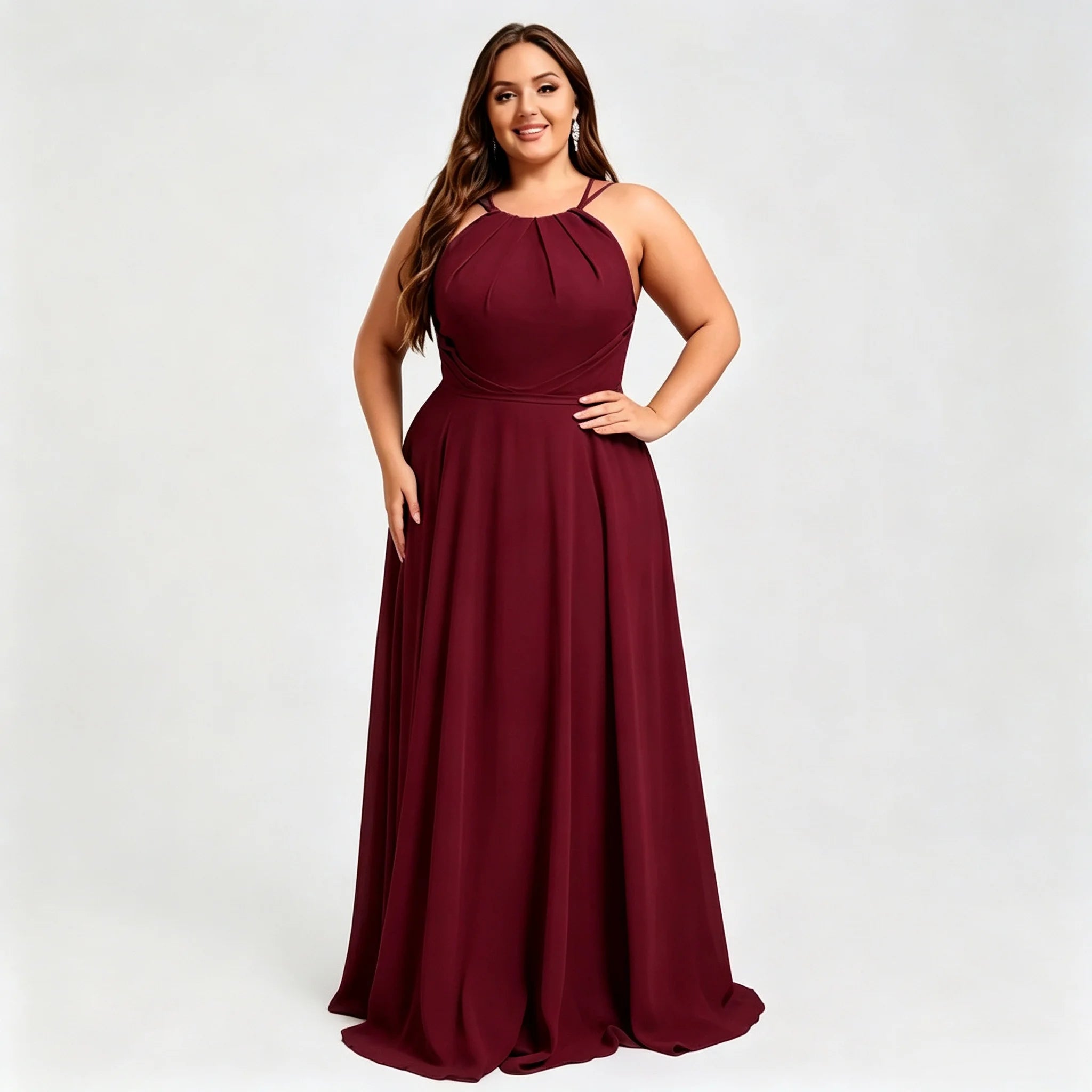 Los Mina Plus Size Halter Chiffon Bridesmaid Spaghetti Straps A Line Maxi Dress