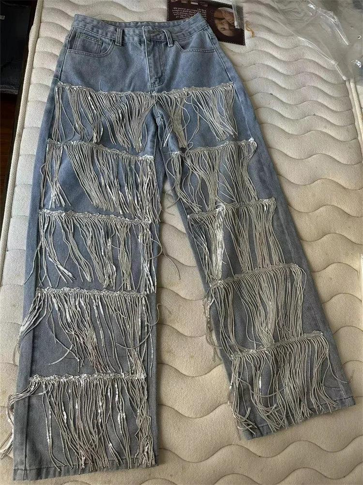 Nazareth High Waist Sequined Tassel Cargo Ripped Streetwear Jeans