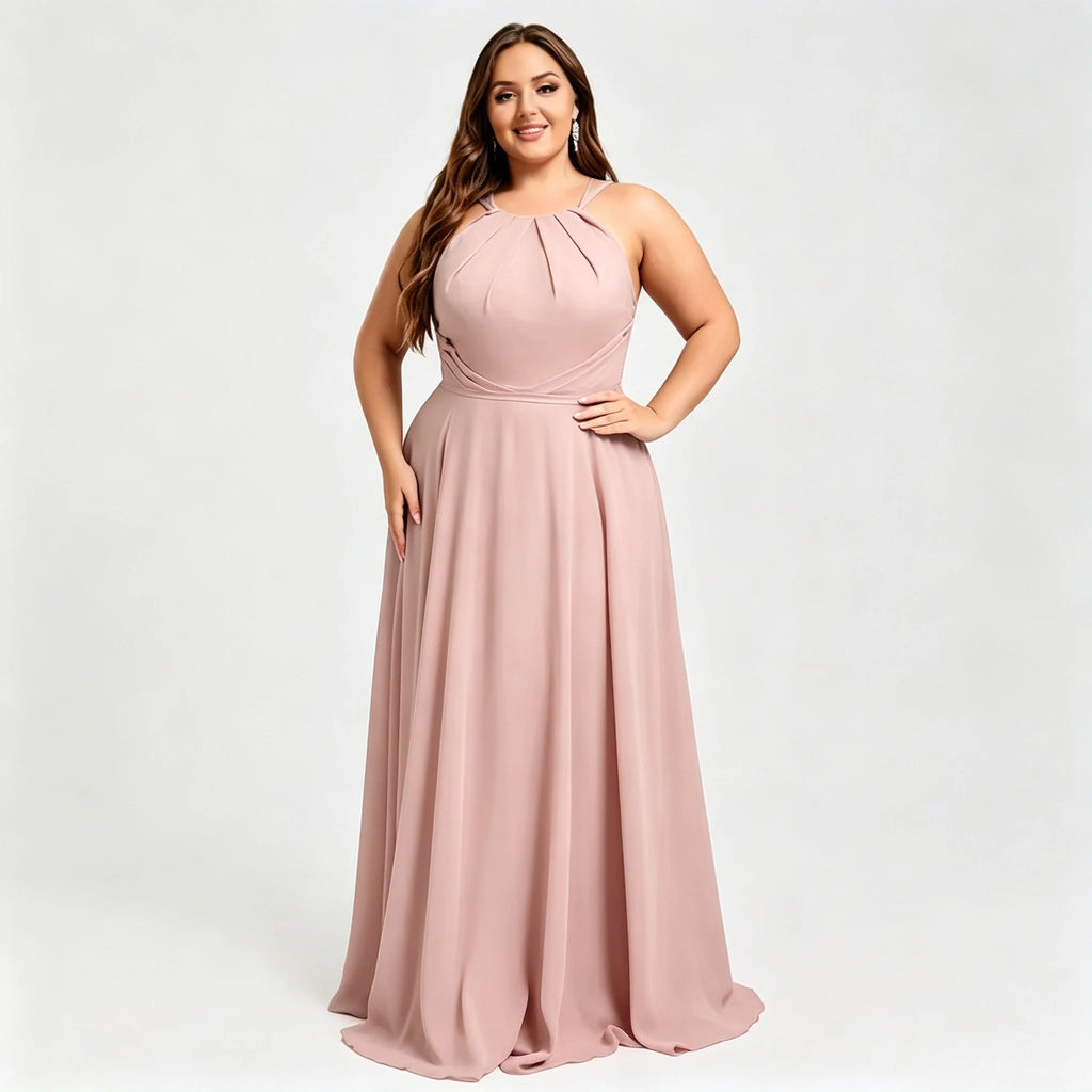 Los Mina Plus Size Halter Chiffon Bridesmaid Spaghetti Straps A Line Maxi Dress