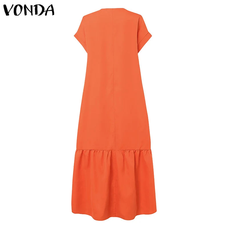Plus Size Bohemian Sundress Solid Color Casual Short Sleeve Party Ruffled Dress
