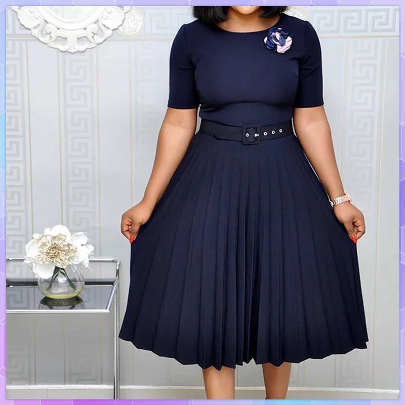 Cincinnati Plus Size Pleated Ladies O Neck Solid With Belt Mid-Calf Office Dress