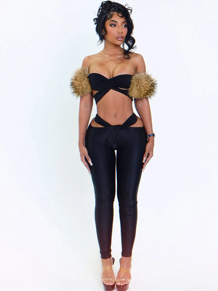Bolton Cross Hollow Slash Neck Fur Patchwork High Waist Matching Set