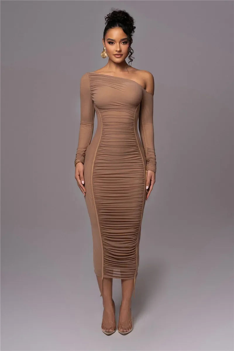 Dyker Heights Diagonal Collar Long Sleeve Mesh Backless Ruched Bodycon Midi Dress
