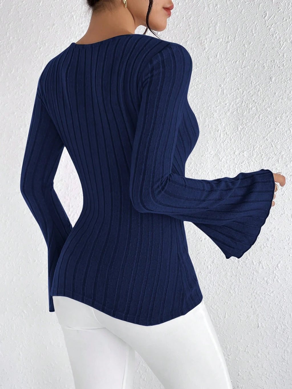 Uranus Long Sleeved V Neck Slim Striped Long Sleeved Knitted Tops