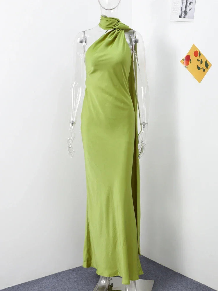 Meadville Elegant Ribbon Halter Solid Off Shoulder Sleeveless Backless Slim Maxi Dress