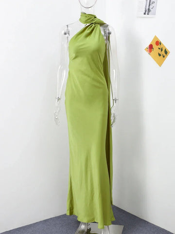 Meadville Elegant Ribbon Halter Solid Off Shoulder Sleeveless Backless Slim Maxi Dress