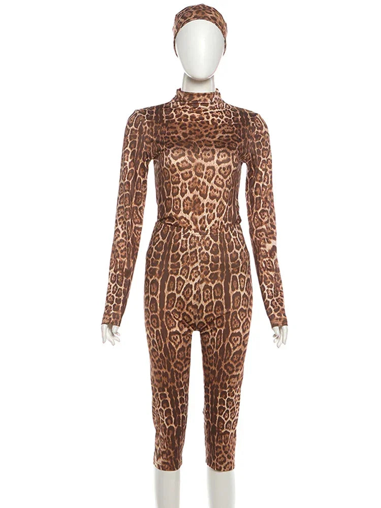 Stonington Leopard Print Headband Half Turtleneck Full Sleeve and Elastic Waist Set
