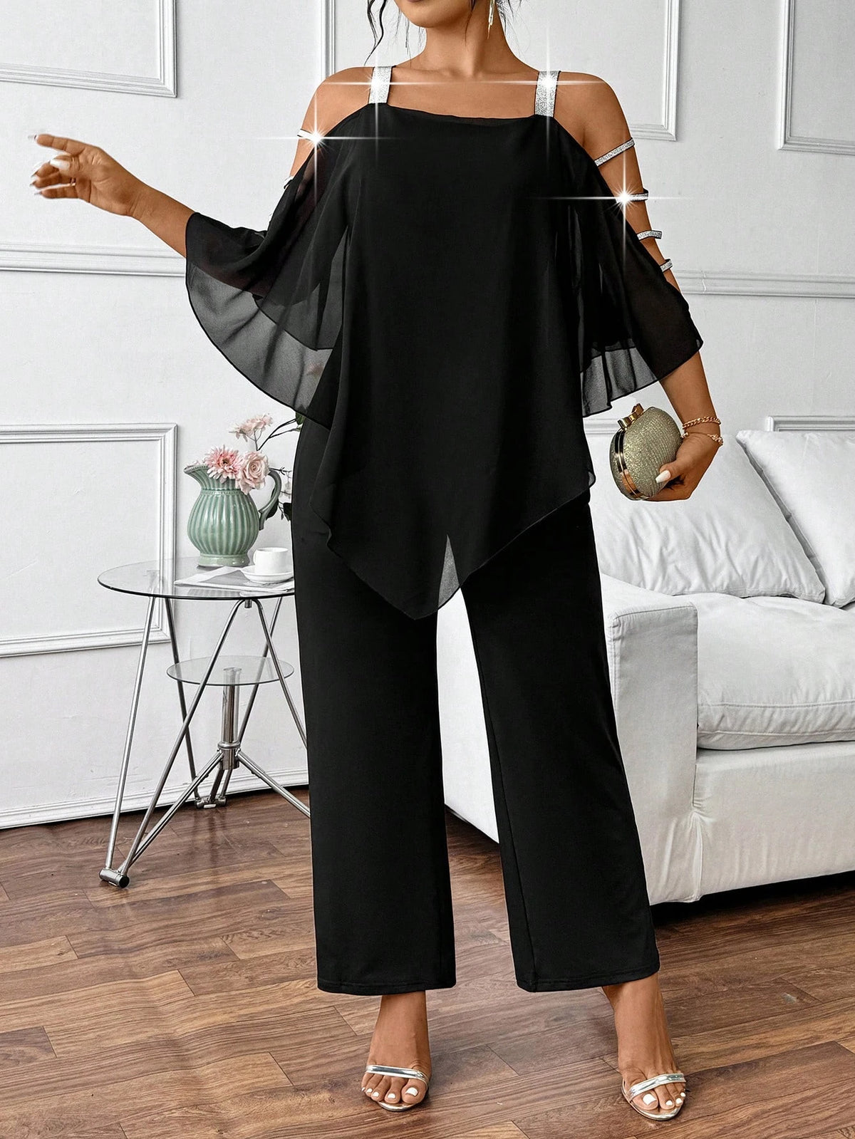 Plus Size Jumpsuit Women Cold Shoulder Chiffon Flare Sleeve Wide Leg Jumpsuit