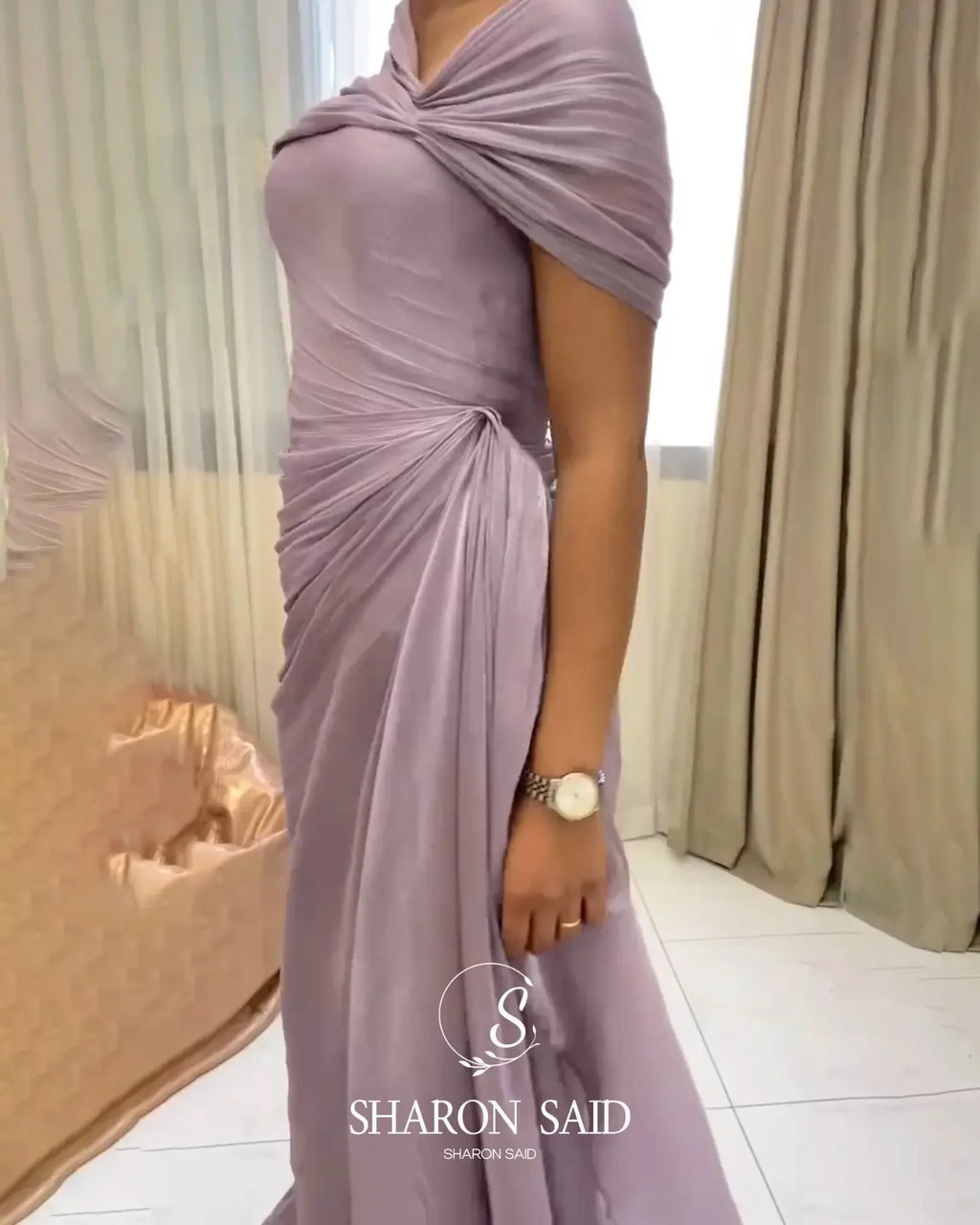 Mountainside Elegant One Shoulder Evening with Draped Cape Arabic Dress