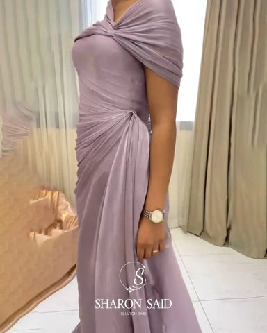 Mountainside Elegant One Shoulder Evening with Draped Cape Arabic Dress