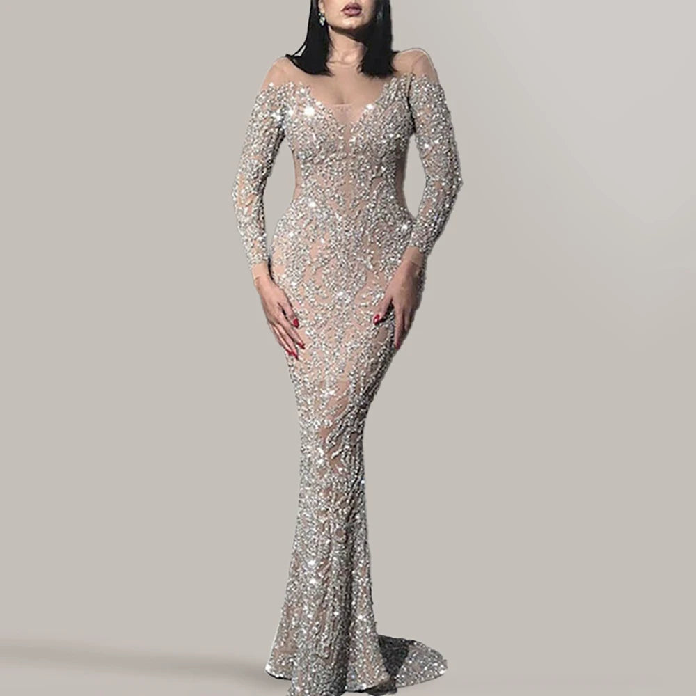 Millington Sequins Evening See-through Crew Neck  Long Sleeve Slim High Waist Maxi Dress