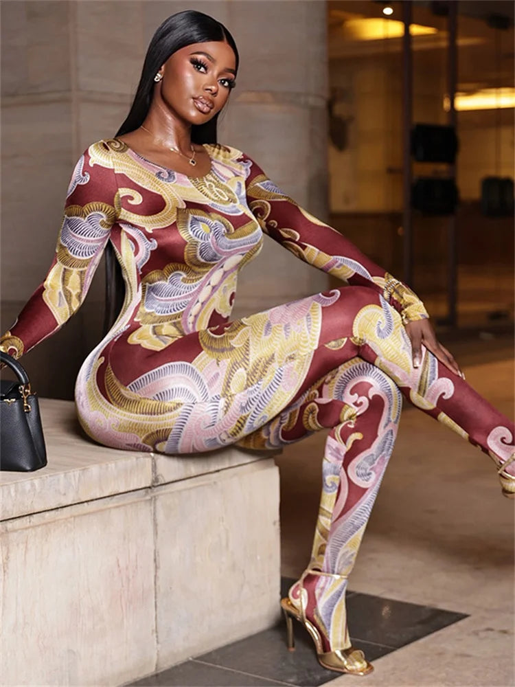 China Town Fashion Art Colorful Print o-Neck Full Sleeve Skinny Peach Jumpsuit