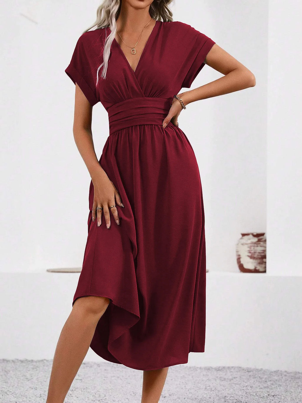 Guachupita Solid-Color V Neck Batwing-Sleeve Pleated Long Elegant Dress