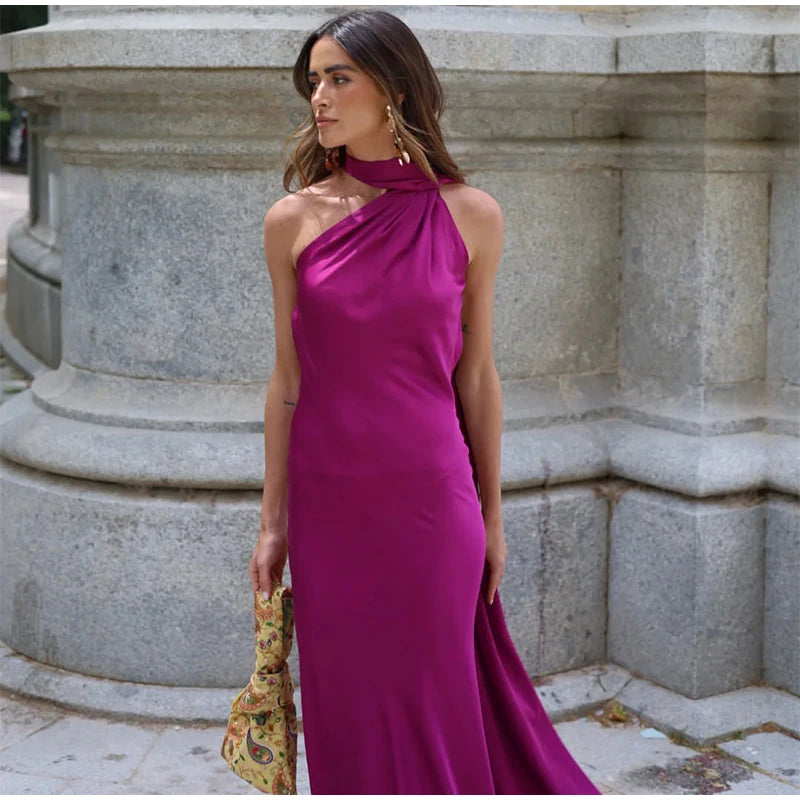 Califon Sexy Satin Ribbon Party Elegant Halter Backless Off Shoulder Sleeveless Maxi Dress