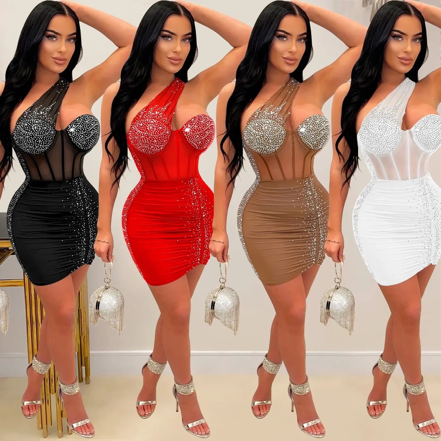 Homecrest Shoulder Mesh Rhinestone See Through Night Club Outfits Dress