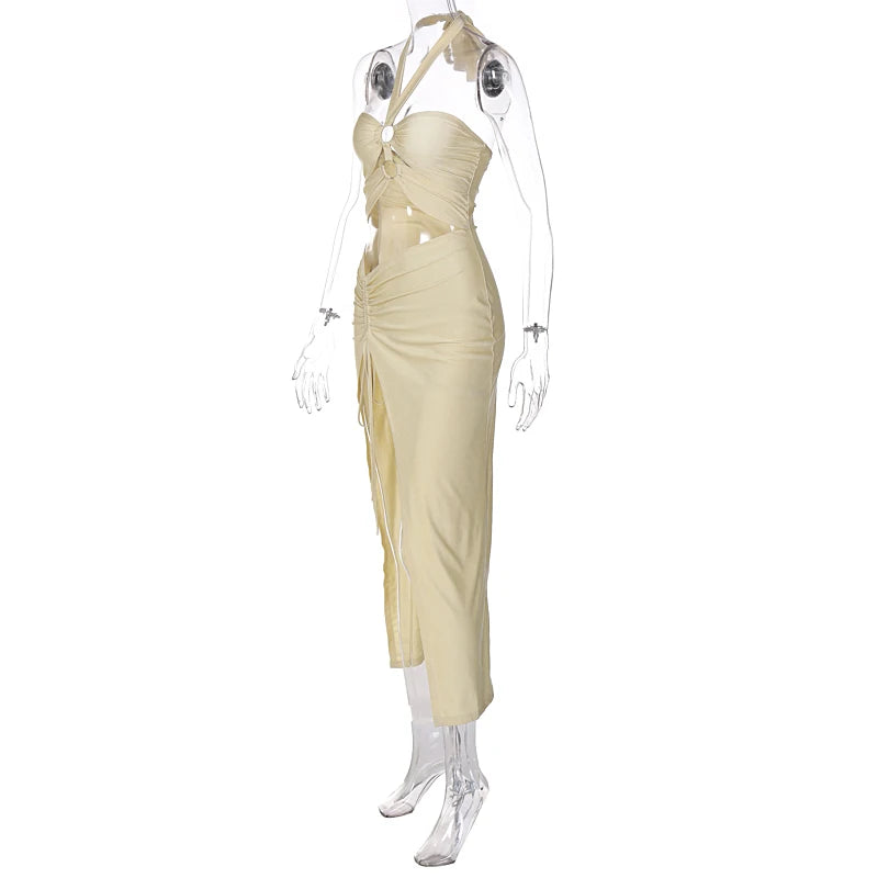 Honolulu Satin Solid Halter Backless Draped Hollow Out Shirring Bandage Slim Maxi Dress