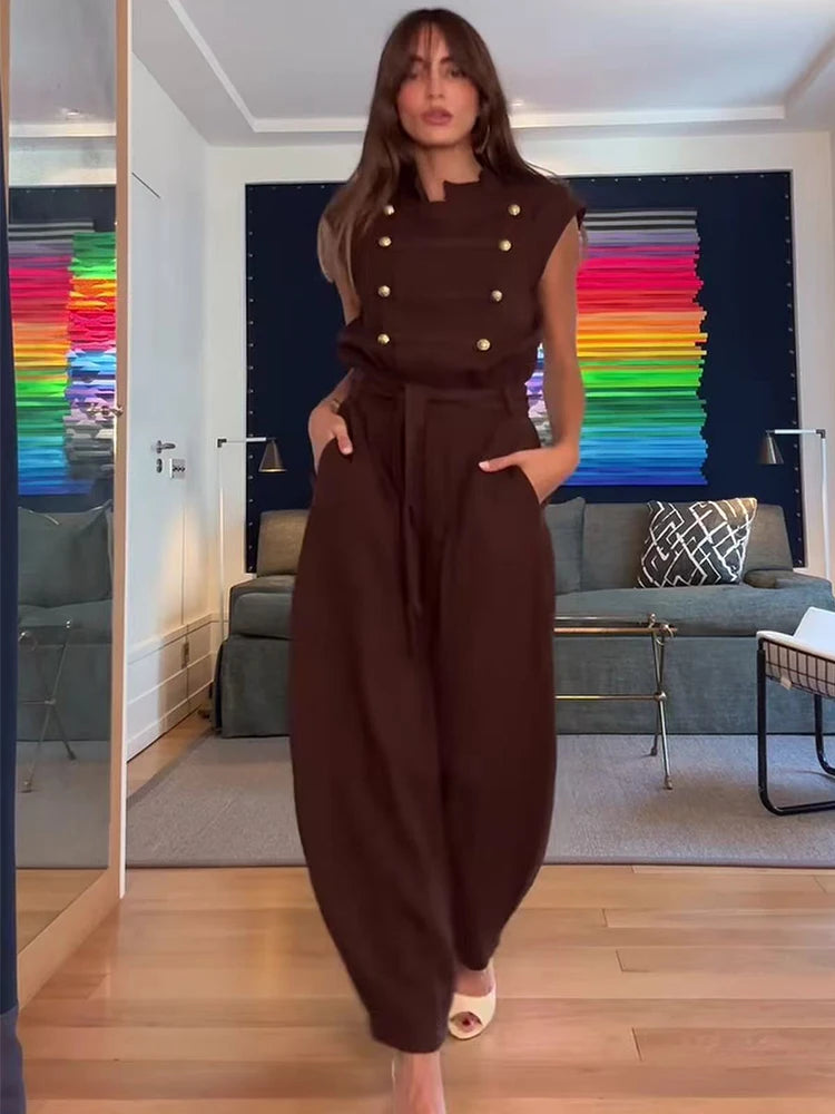 Women Long Jumpsuit 2026 Sleeveless Playsuits Elegant Solid Color Rompers Casual Stand Collar Belt Fashion Commuting Outfit