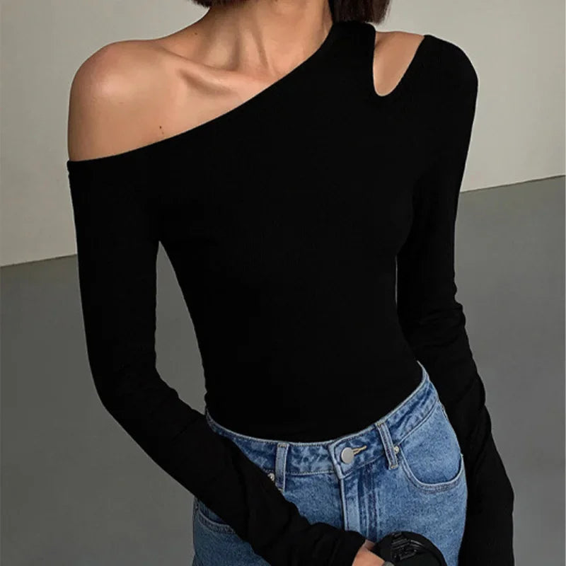 Union City Skew Collar Off Shoulder Long Sleeved T Shirts New Solid Slim Fit Crop Top