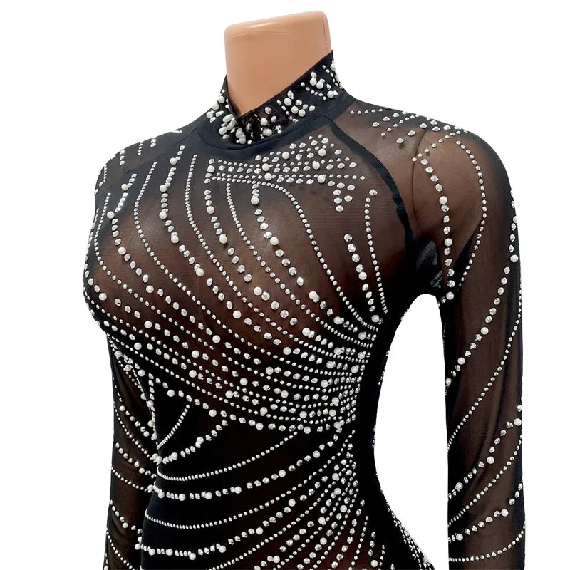 Whippany Pearls Rhinestone Party Elegance Nightclub Feather Mini Dress