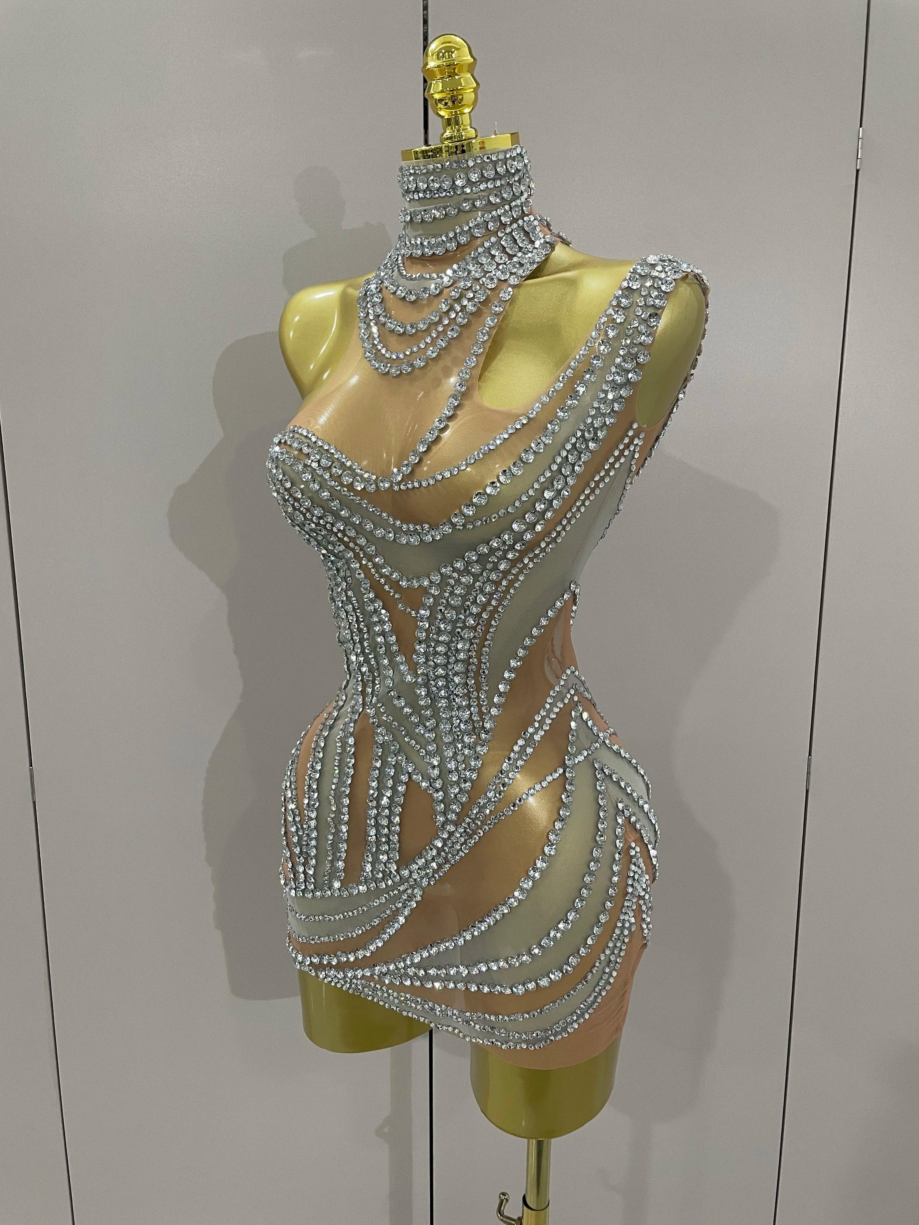 Morgantown Sparkly Crystals See Through Elegant Stage Mini Dress