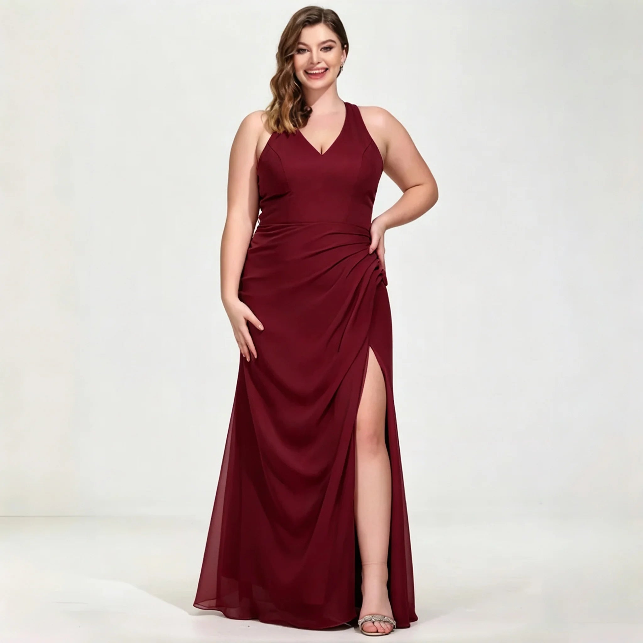 La Cuaba Dusty Pink Plus Size Chiffon Bridesmaid Sleeveless Deep V Neck Side Ruched Dress