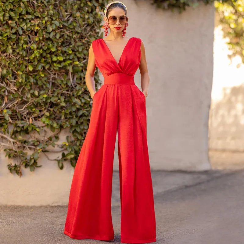 Slim Jumpsuit Women Slim Fits Sleeveless Tank Tops Rompers Jumpsuits V-neck Sexy High Waist Straight Wide Leg Pants Jumpsuits