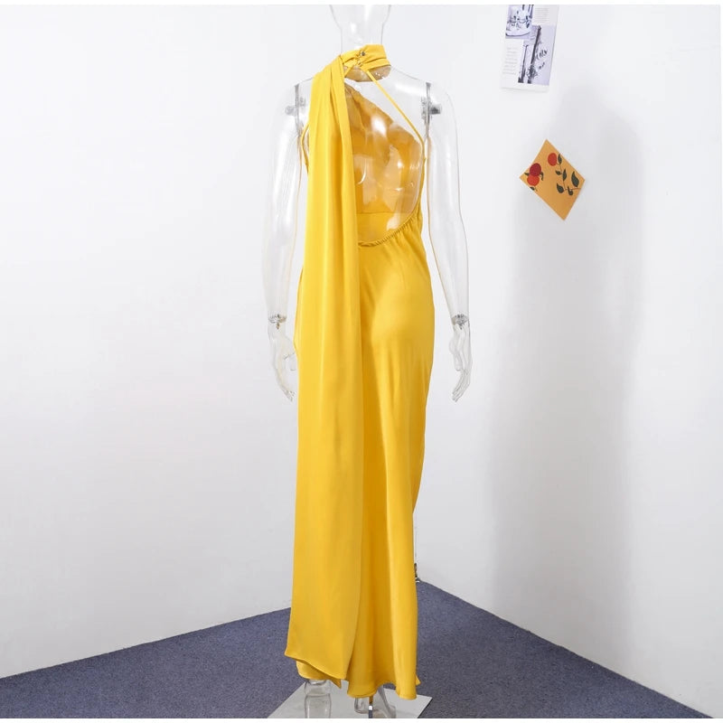 Califon Sexy Satin Ribbon Party Elegant Halter Backless Off Shoulder Sleeveless Maxi Dress