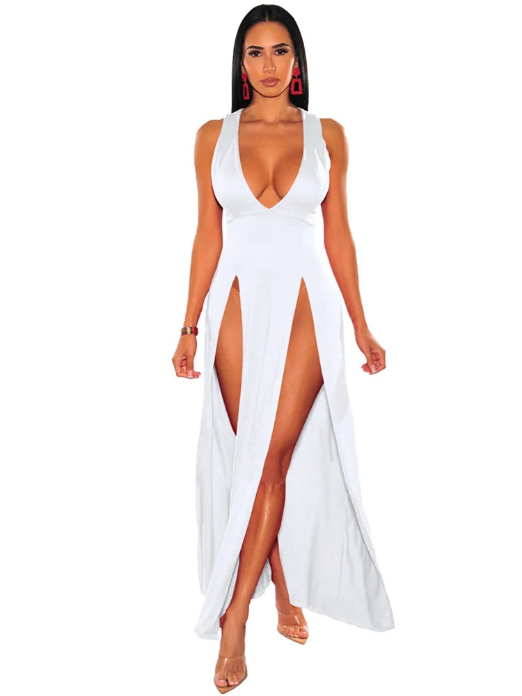 Byram Sexy Deep V Neck High Split Bodycon Cocktail Party Maxi Dress