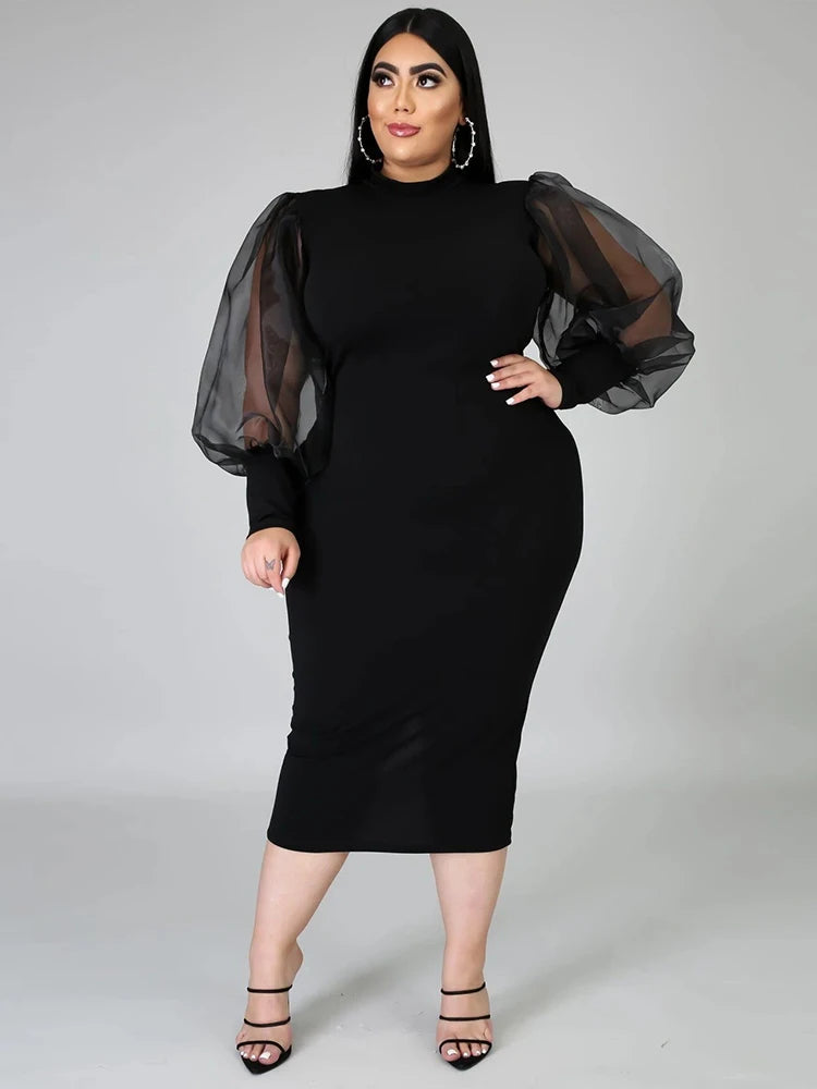 Newton Plus Size Solid Color Spring Mesh Lantern Long Sleeve Dress