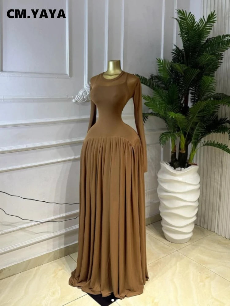 O Neck Mesh Long Sleeve Pleated Sexy Evening Party Long Dress