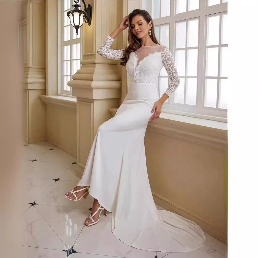 Georgia Plus Size Long Sleeve Lace Train White Wedding Banquet Gown