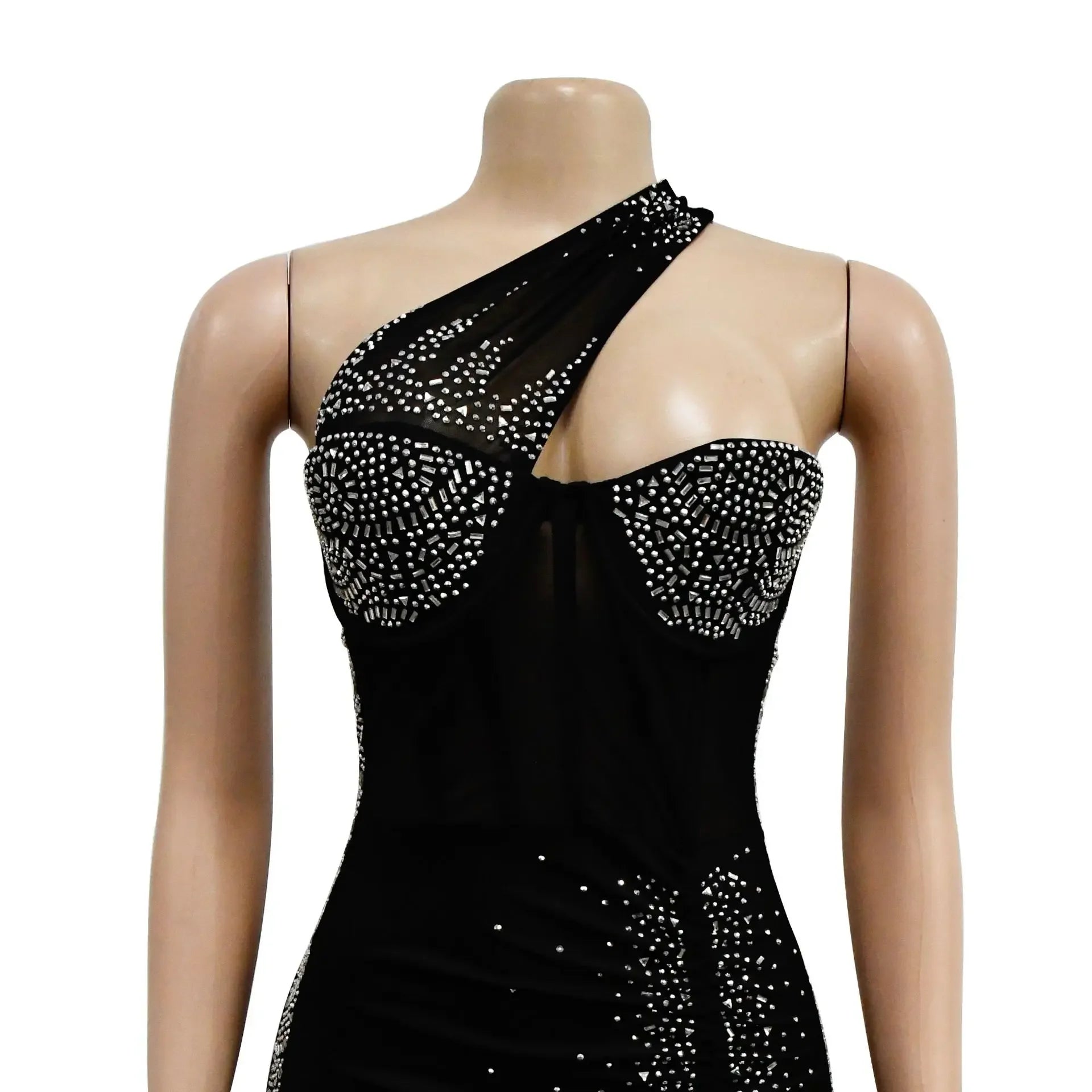 Homecrest Shoulder Mesh Rhinestone See Through Night Club Outfits Dress