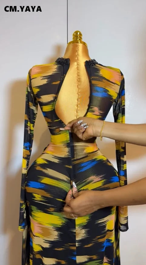 Hollow Out O-neck Long Sleeve Bodycon Maxi Long Dress