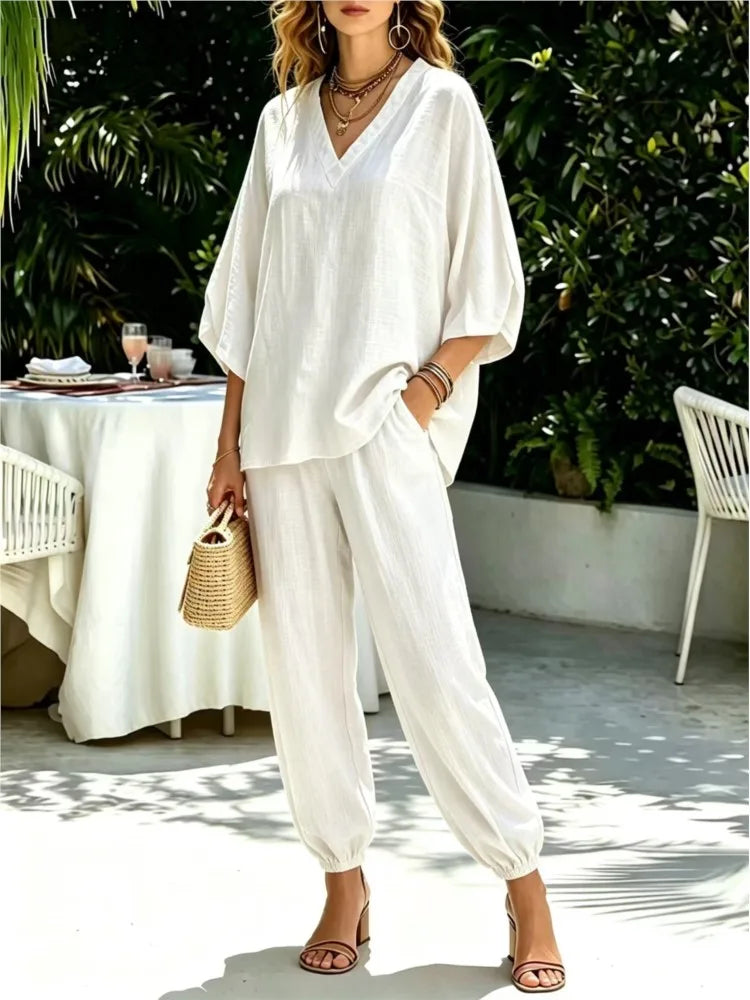 Bianca Loose Batwing Sleeve V Neck Two Piece Sets