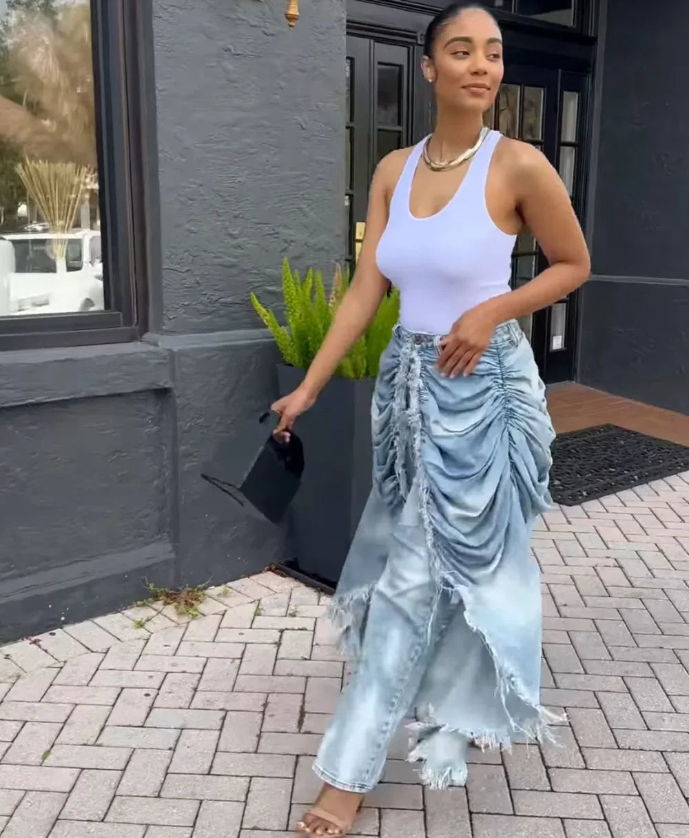 Absecon Ruched Frayed Trim Casual Contrast High Street Vintage Casual Asymmetric Denim