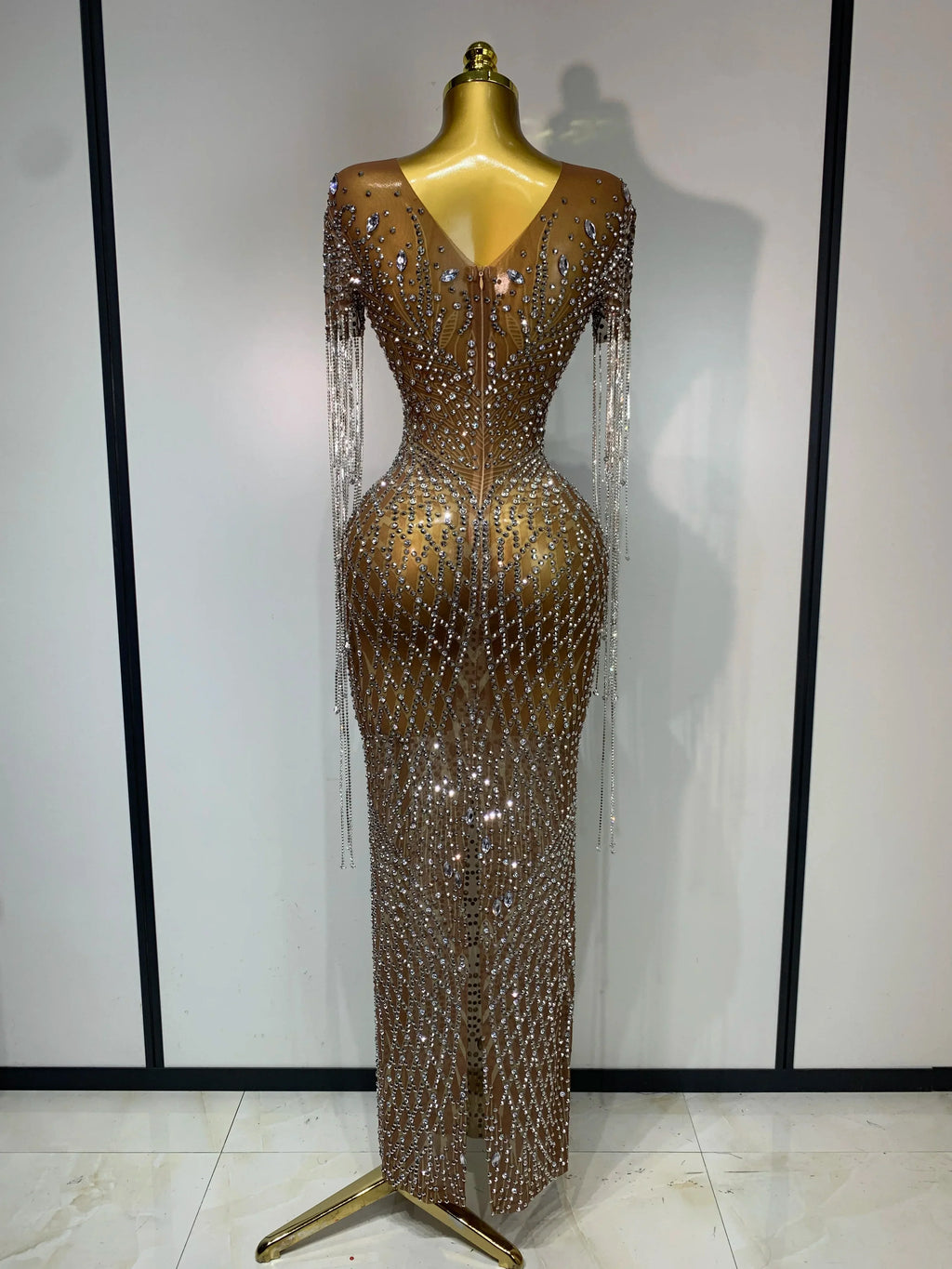 Bedford Luxury Sparkly Rhinestones Tassel Transparent Mesh Stretch Long Dress