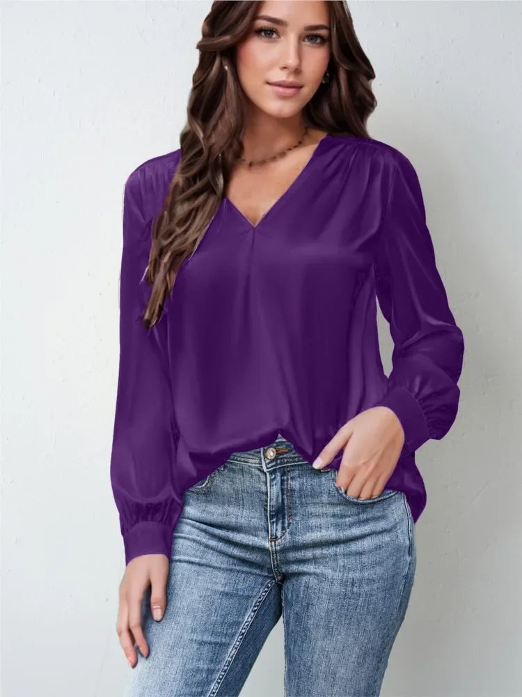 Elmer Solid Color V-Neck Long Sleeve Office Loose Elegant Blouse
