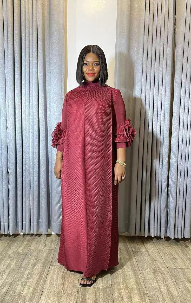 Miyake Solid Color Long Sleeved Three-dimensional Embroidered Temperament Long Loose Dress