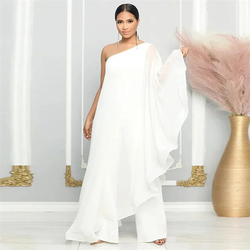 Oldwick Elegant Chiffon One Shoulder Wide Leg Jumpsuit