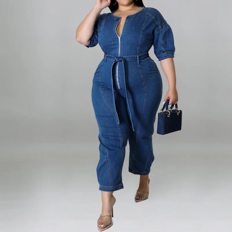 Plus Size Half Zipper Front Belted Jumpsuit Women New Streetwear Puff Sleeve Fashion Washed Jumpsuit