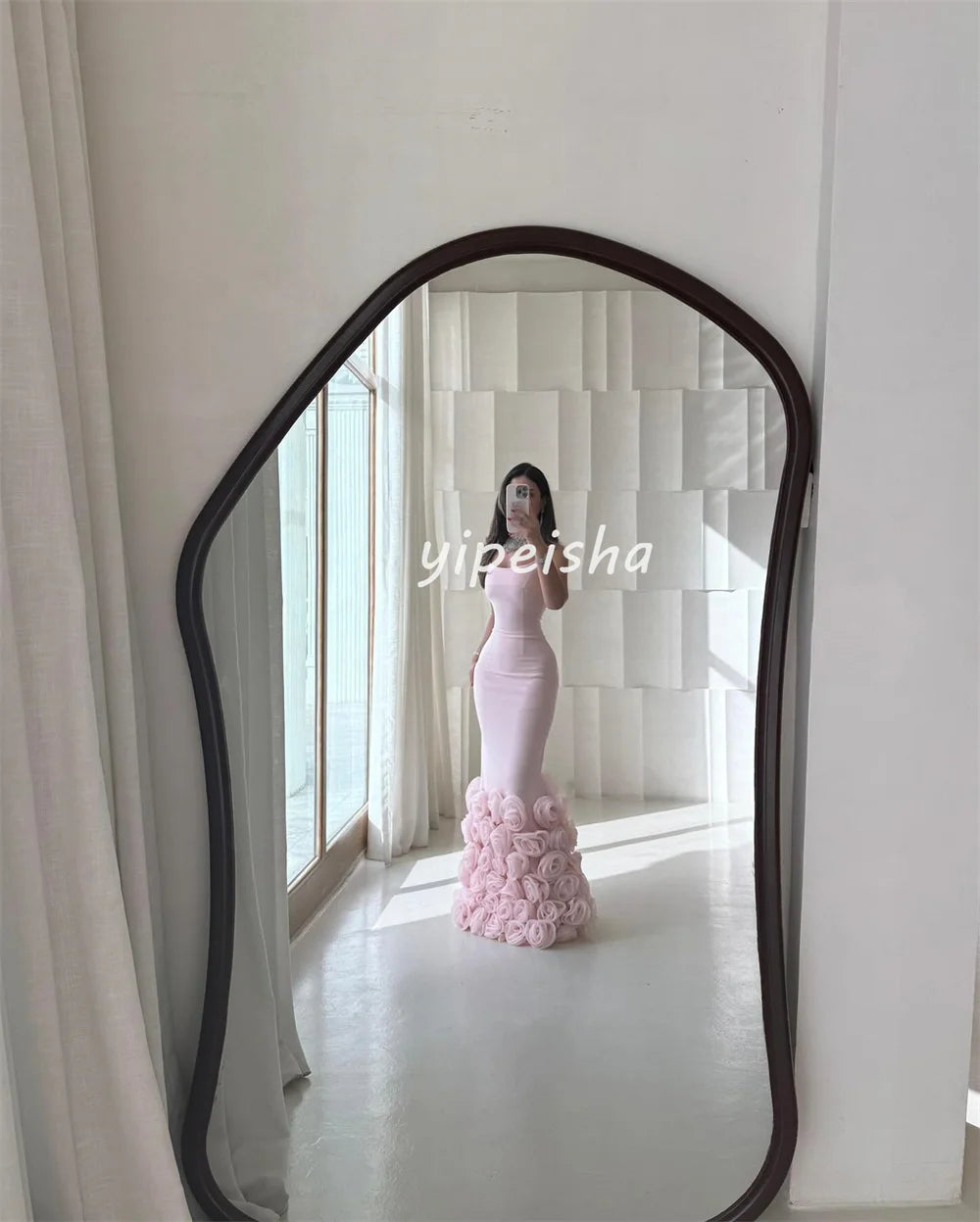 Saddle Brook Intricate Jersey Handmade Flower Pleat Mermaid Spaghetti strap Long Dress