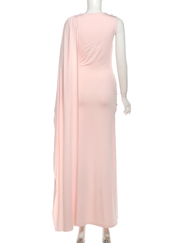 Linden Elegant Ruched O Neck Sleeveless Irregular Ribbon Metal Trim Classic Dress