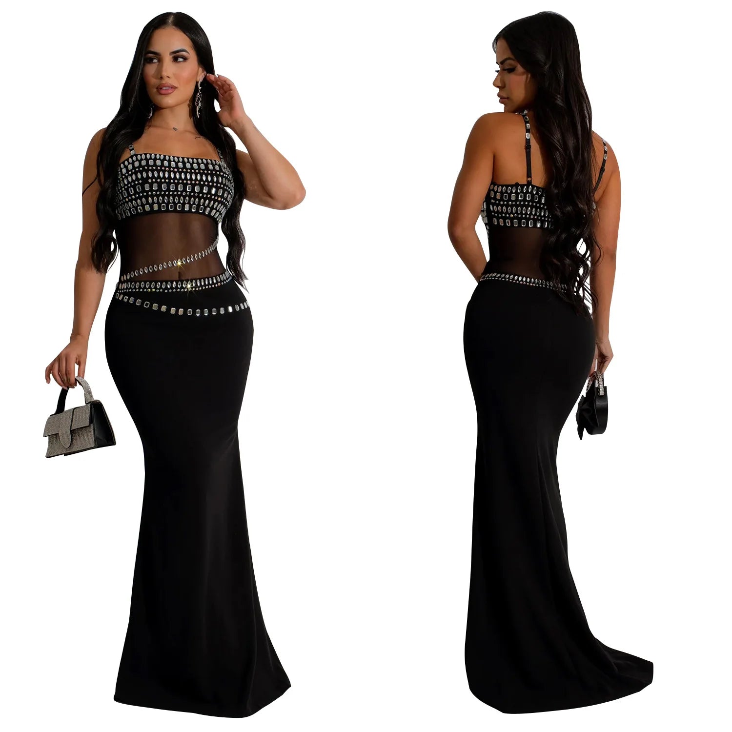 Stamford Diamond Mesh Sexy Transparent Lace Party Elegant Maxi Dress