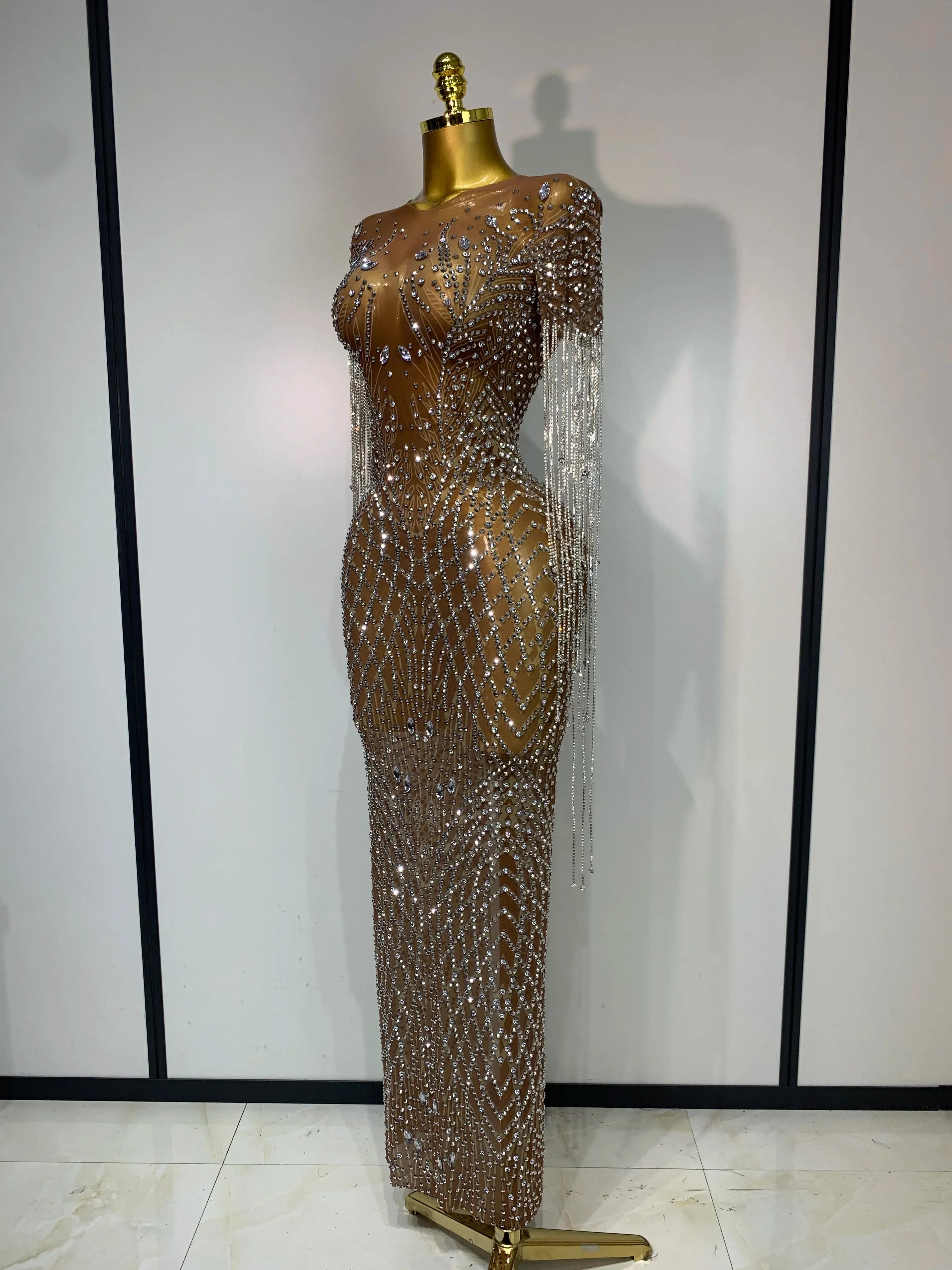 Bedford Luxury Sparkly Rhinestones Tassel Transparent Mesh Stretch Long Dress