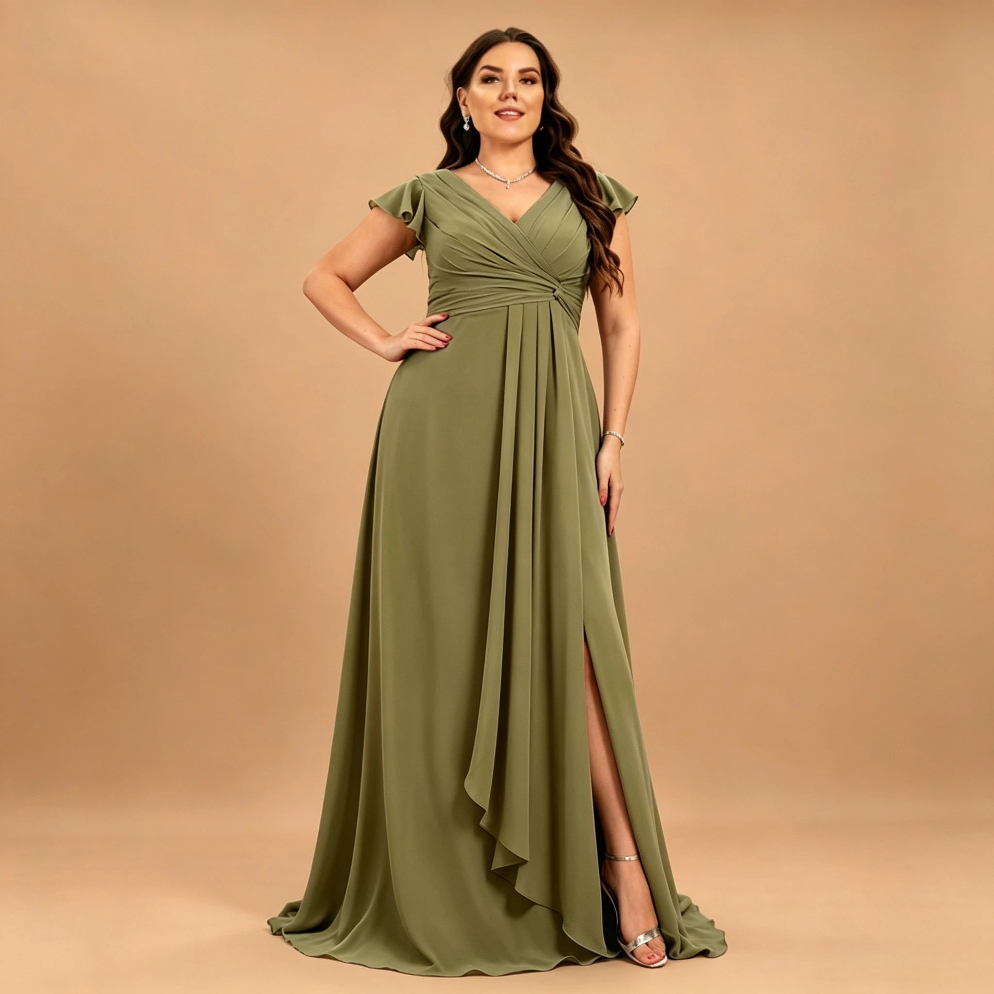 Long Island Plus Size Chiffon Evening Elegant V-Neck Ruffle Sleeve Formal Dress
