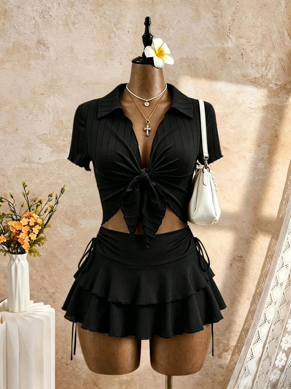 Adriana Ribbed Polo Collar Front Tie Two Piece Sets