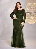 Nigeria Plus Size Elegant Green Long Sleeves Sequin Tulle Evening O Neck Mermaid Dress