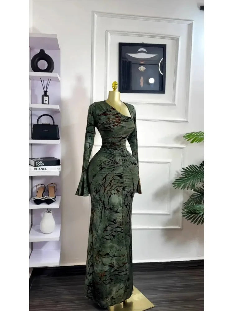 Vermella Printed Skew Neck Flare Long Sleeve Ruched Long Dress