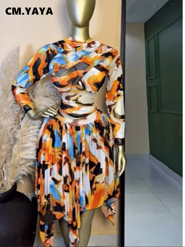 Tie Dye Printed Women Set Long Sleeve Wrap Crop Irregular A-line S.kirt Set