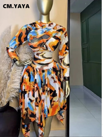 Tie Dye Printed Women Set Long Sleeve Wrap Crop Irregular A-line S.kirt Set